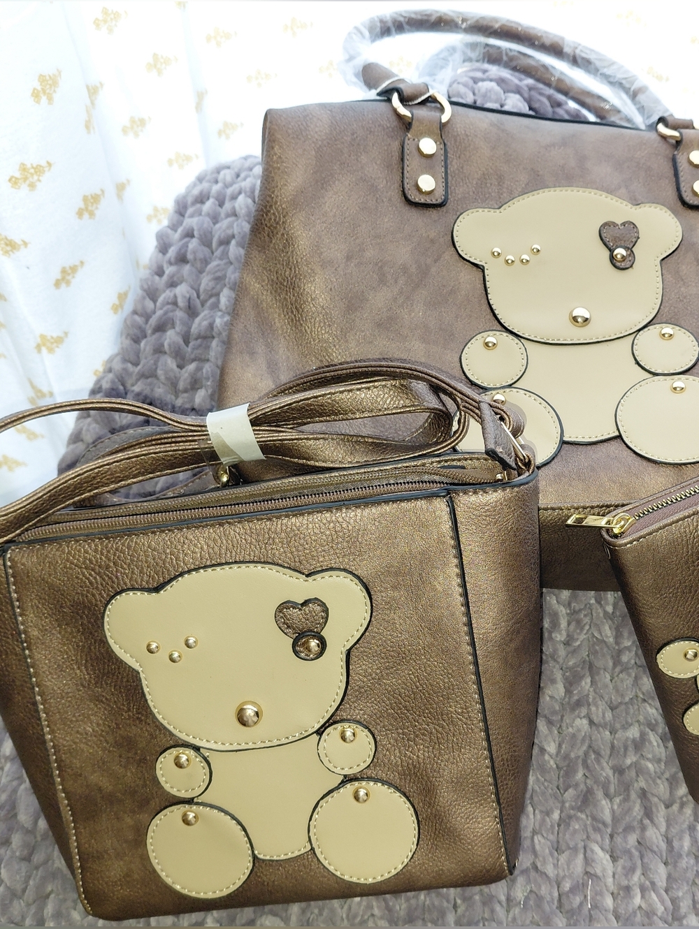 Teddy Accent Metallic Brown Women’s Tote Bag Set